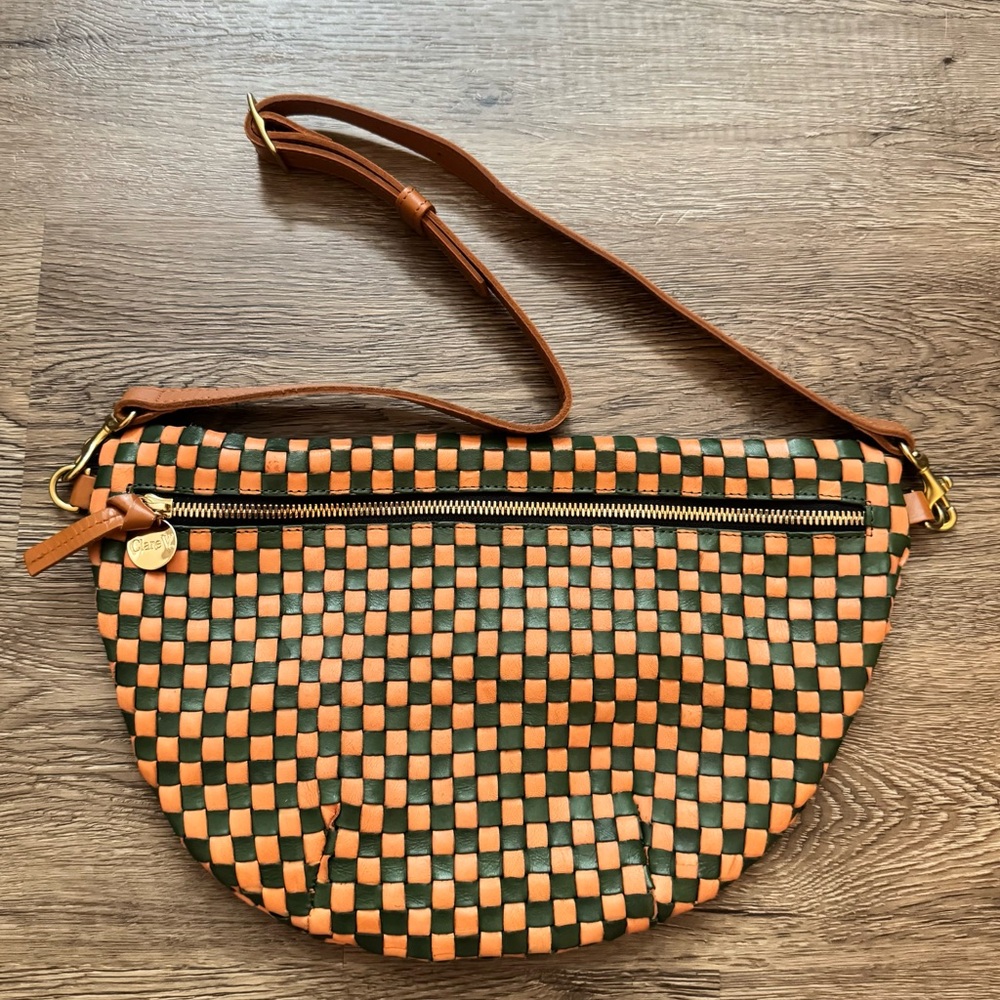 Clare V Grande Fanny Jungle Green & Brown Woven Checker